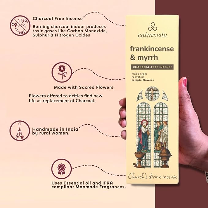 Church Frankincense and Myrrh Incense - 80 Sticks, Charcoal Free, Handmade from Upcycled Flowers, Spiritual Healing Incense