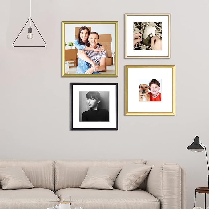 5x5 Picture Frame Set of 4, Matted Black Simple Modern Brushed Thin Aluminum Metal Square Photo Frame Fits 4x4 with Mat or 5 x 5 without Mat Display For Tabletop or Wall Collage