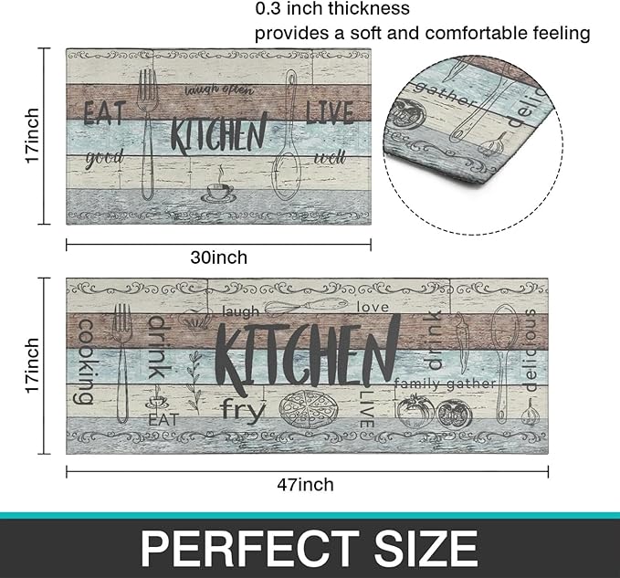 Kitchen Rugs Sets of 2 - Non Slip Washable Microfiber Kitchen Rug, Farmhouse Country Kitchens Rugs and Mats for Decor, Sink, Stove, Laundry, Machine Washable,（17"x 48"+17"x 24"）