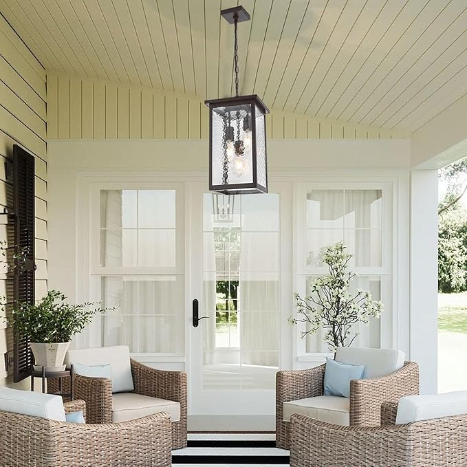 17'' Large Outdoor Indoor Pendant Light 3-Lights, Modern Black and Brushed Brass Exterior Hanging Porch Pendant Light with Hammer Glass, Outdoor Ceiling Lights for Front Entryway Gazebo Patio