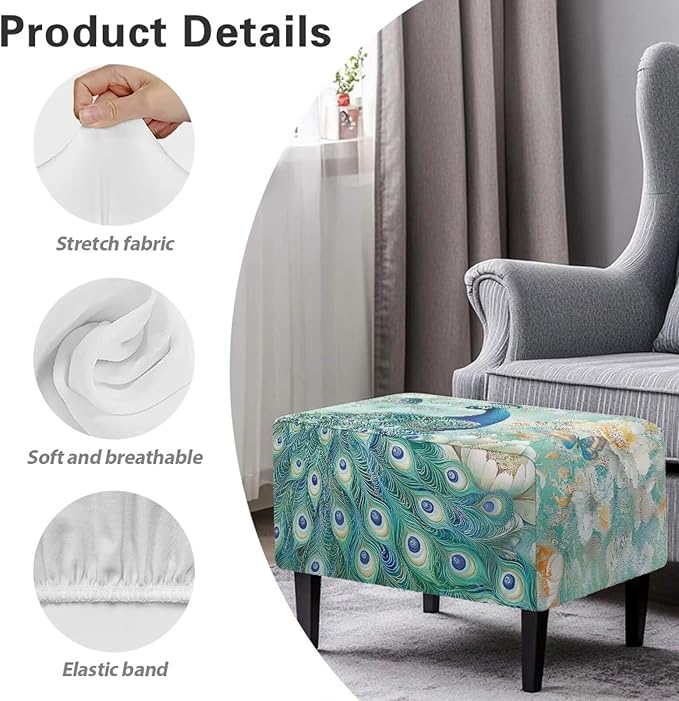 Small Ottoman Cover, Peacock Rectangle Chair Cover Polyester Spandex Furniture Protector with Elastic Bottom Foot Stool Slipcover for Country Living Room Decor