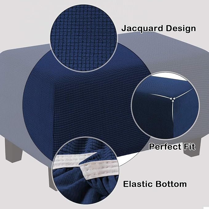 Turquoize Ottoman Slipcover Stretch Fabric Oversize Rectangle Folding Storage Stool Ottoman Cover Jacquard Stretch Rectangle Storage Stool Ottoman Cover for Living Room (X-Large, Navy)