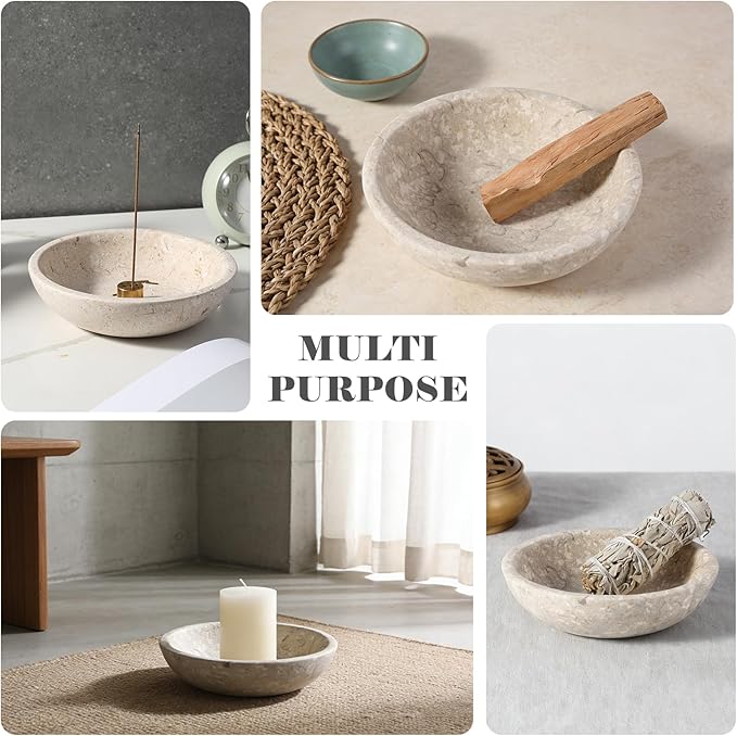 Koville Natural Marble Incense Holder, Incense Holder for Sticks with 9 Holes, Handmade Incense Burner Ash Catcher for Meditation Yoga SPA, Balsam Fir/Palo Santo/Sage/Cone (D=150-RoyalBeige)