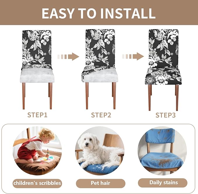 Stretch Dining Chair Covers Set of 6,Floral Print Chair Covers,Soft Removable Washable,Pet Friendly Furniture Protector,Universal Chair Slipcovers for Home, Kitchen,Ceremony Dining Room Seat