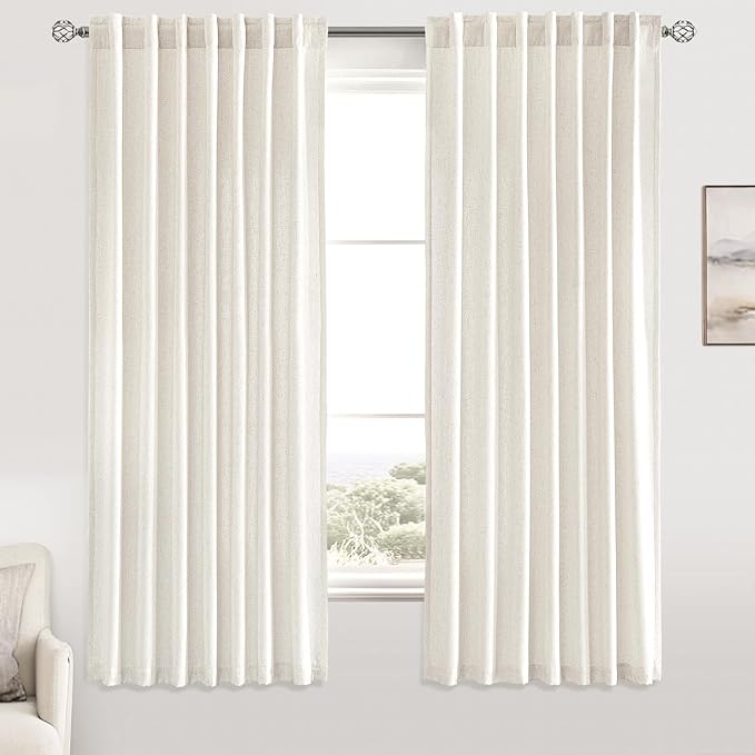 MIULEE Non-See-Through Privacy Linen Curtains 2 Panels, Light Filtering Window Curtains Farmhouse Textured Back Tab Semi Sheer Drapes for Bedroom Living Room, 52 x 63 Inches Long, Natural White