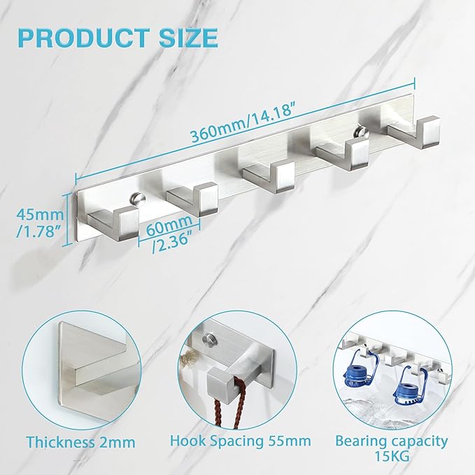 Alise Coat Hooks Wall Mount,Hat and Coat Rack with 5 Hooks Wall Mount Key Hooks for Robes,Bags,Keys,and Towels,SUS304 Stainless Steel Wall Hooks for Hanging,Self Adhesive or Drilling,Brushed