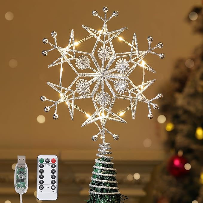 Lewondr Christmas Tree Topper, Metal Frame Snowflake Christmas Tree Topper with 15 Light Beads, USB Powered & Remote Control Tree Topper Snowflake with 6H Timer, Xmas Tree Decor for Holiday Home Decor