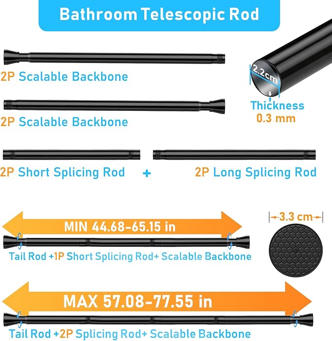 2 Pack Black Shower Curtain Rod 43 To 73 Inch Tension Shower Rod For Bathroom 7/8" Adjustable Spring Curtain Rod No Drilling Black Spring Rod Tension Curtain Rods for Windows Doorway Closet