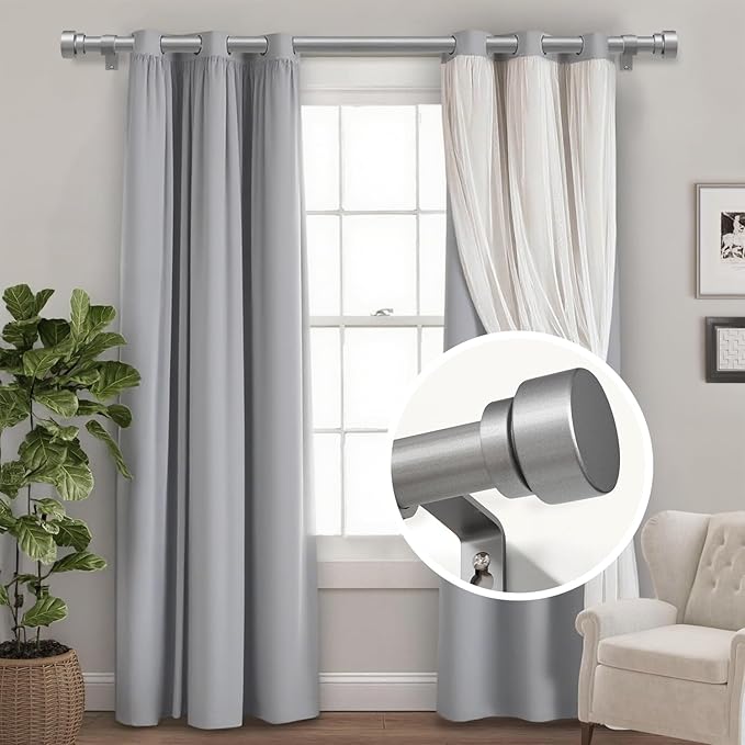 2 Pack Modern Silver Curtain Rods Set for Windows 28 to 48 Inches Adjustable Length Heavy Duty 1" Diameter Window Curtain Rod with Decorative Finials for Outdoor Bedroom Kitchen Living Room