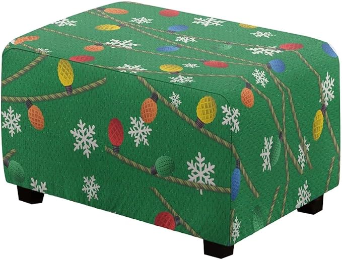 Christmas Light Snowflake Ottoman Cover - Elastic, Stretch Fit Slipcover for Rectangular Footstools, Machine Washable Holiday Decor, 30x24x15 Inch