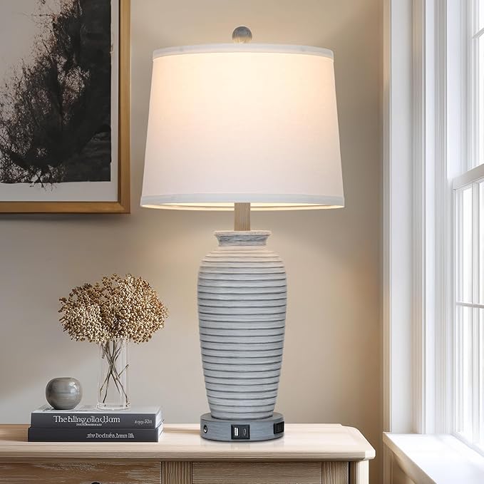 25" Vintage Farmhouse Jar Table Lamps, Single Rustic Bedside Lamp with USB A+C Ports & AC Outlet, Nightstand Lamps for Living Room, Bedroom, End Table, Grey White(LED Bulb Included)