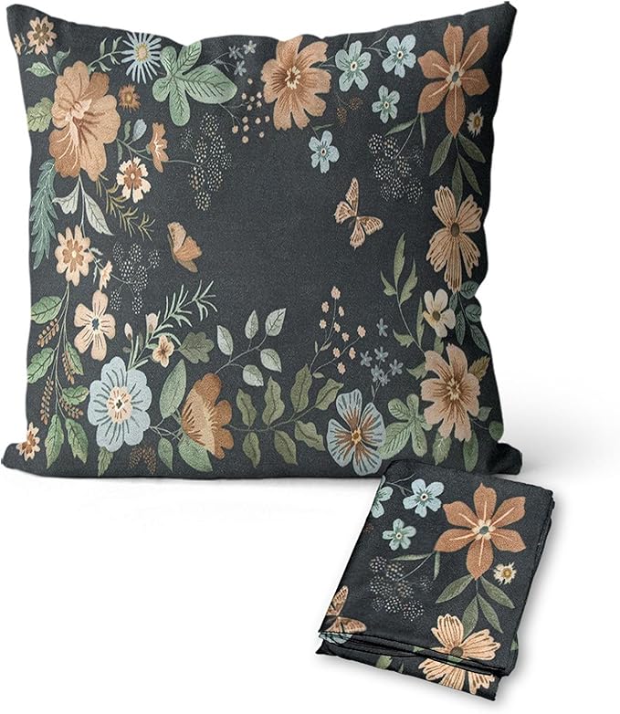 Floral Throw Pillow Covers 18x18 Inch Boho Flowers Throw Pillow Covers for Couch Rustic Botanical Dark Decorative Pillowcase with Zipper Standard Size Farmhouse Sofa Cushion Cover Sets of 2
