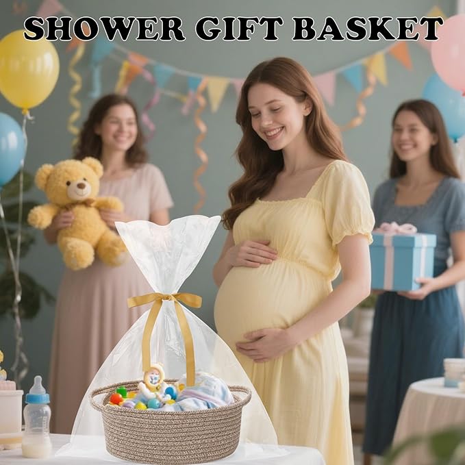 Small Woven Rope Basket-Empty Gifts Basket with Bag and Ribbons,Cute Handle Organizer Box for Birthday/Baby Shower, Toy Storage, Nursery Organizing & Shelf Decor(Mixed Brown)