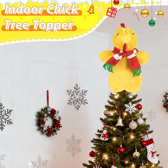 Eyourlife 12 in Chicken Christmas Tree Topper,Cute with Red Scarf Plush Stuffed Yellow Chicken Tree Top, Winter Farm Chicken Tree Toppers Decor for Xmas Party Home Indoor/Outdoor Tree Tops Decoration