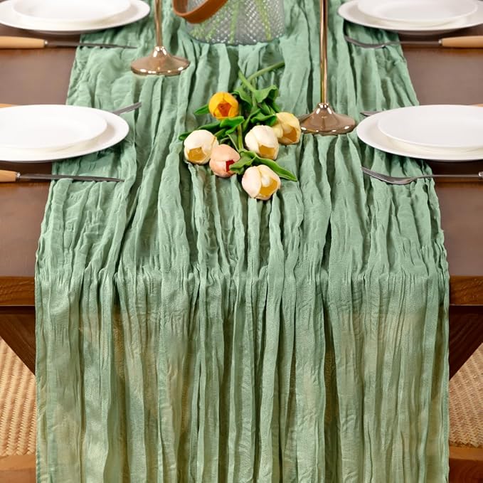 8pcs Sage Green Cheesecloth Table Runner Boho Gauze Spring Table Runners 22×120 inch 10FT Decor for Farmhouse Wedding Baby Shower Birthday Party Ceremony
