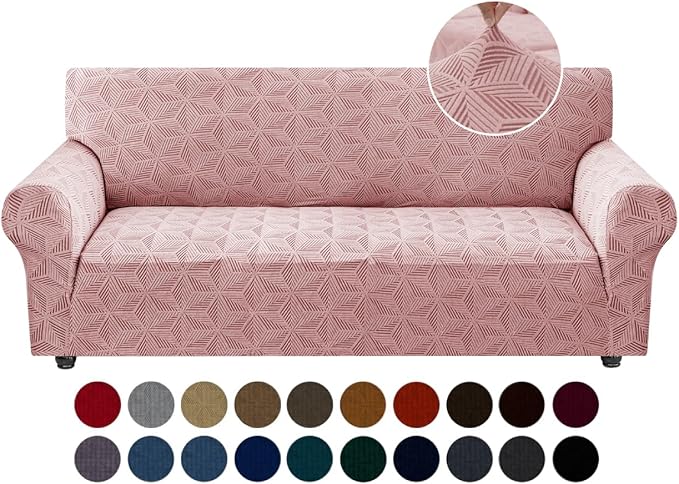 YEMYHOM 1 Piece Stretch Couch Covers for 3 Cushion Couch, Jacquard Sofa Cover with Non-Slip Elastic Bottom, Thickened Slipcover Furniture Protector for Dogs Pets (Large, Pink）