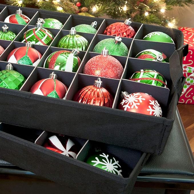[Red Christmas Ornament Storage Box with Dividers] - (Holds 48 Ornaments up to 3 Inches in Diameter) | Acid-Free Removable Trays with Separators | Clear Window to Easily See Storage Bags Contents