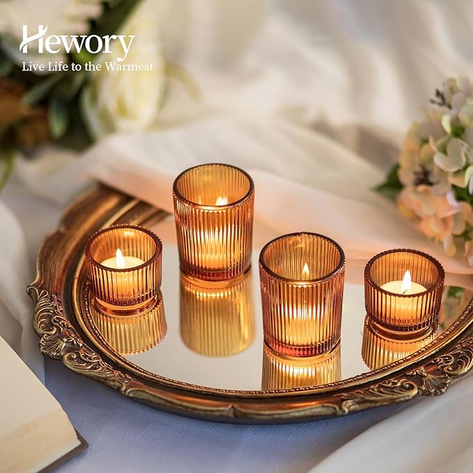 Hewory Glass Tealight Candle Holder: 8 Pcs Amber Votive Candle Holders Tea Lights Candle Holder, Ribbed Tea Light Holders Fall Decorations for Thanksgiving Table Centerpiece Wedding Party Home Decor