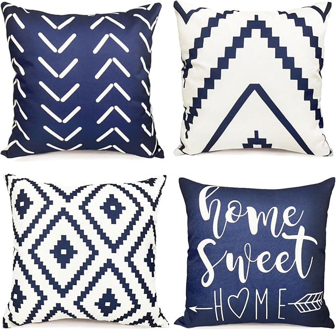 Decorative Throw Pillow Covers 16x16 inch Set of 4 Blue Pillow Covers for Couch Sofa Bed Living Room,Farmhouse Outdoor Throw Pillow Cover,Modern Geometric Linen Square Throw Pillow Cases