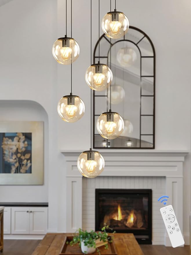 6-Light LED Staircase Modern Glass Globe Pendant Light Large Chandeliers for High Ceilings, Entryway Lighting Fixture Villas and Stairs