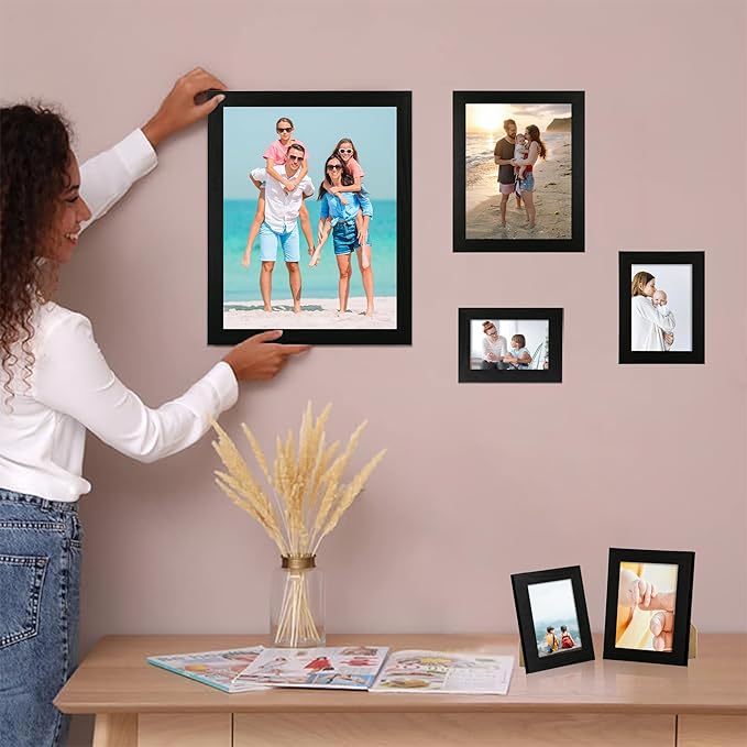 iRahmen 5x7 Picture Frame Set of 4, Black Wooden Frame with High Definition Glass, 5 x 7 Photo Frames for Tabletop Display and Wall Mounting