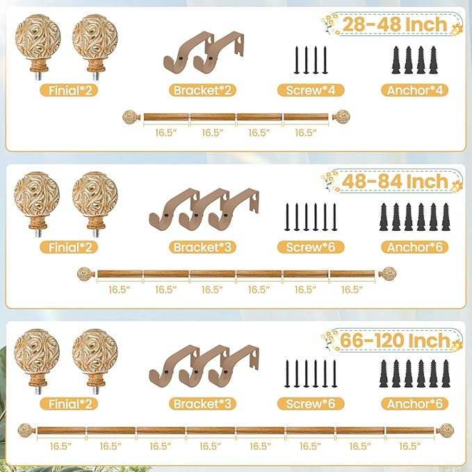 1 Inch Wood Curtain Rod For Windows 66 to 120 Inches, Heavy-Duty Adjustable Decorative Imitation Wood Grain Boho Curtain Rod With Rattan Leaf Hollow Finials For Bedroom 、 Living Room and Famhouse