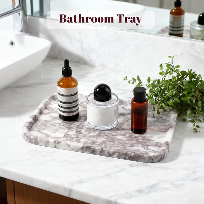 Luxury Marble Vanity Tray, Bathroom Tray Countertop, Calacatta Marble/Stone, Home Decorative Dresser Organizer, Storage for Kitchen Sink, Perfume Jewelry Holder(Purple&White)