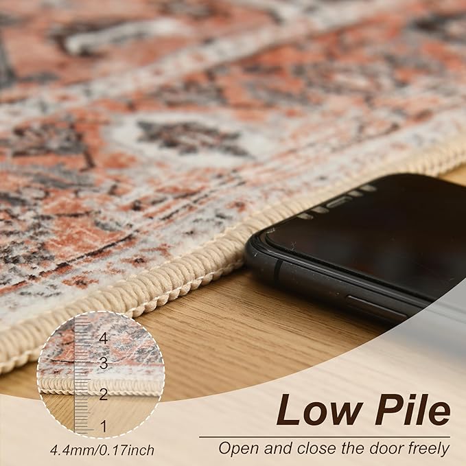 XWZO Runner Rug 2x10ft for Long Hallways, Washable Non-Slip Low Pile Area Rug with Rubber Backing, Spill Resistant Soft Vintage Floor Carpet for Kitchen Entryway Stair Landing Living Room, Brick Red