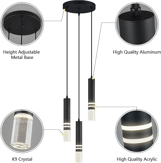 Pendant Lights Kitchen Island, Crystal Pendant Light Fixtures Mini 18W LED Modern Kitchen Pendant Lighting Over Sink and Living Room and Bedroom (Black 3 Light)