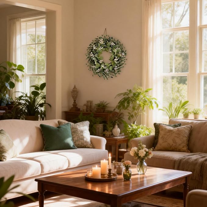 Bibelot Greenery Leaves Boxwood Wreath for Front Door, 22 Inch Green Wreath with White Berries & Lambs Ear, All Season Wreaths for Indoor Outdoor Home Decor