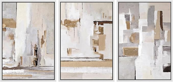 SIGNWIN Framed Canvas Print Wall Art Set Abstract Geometric Neutral Beige and White Illustrations Modern Art Decorative Rustic Calm/Zen for Living Room, Bedroom, Office - 16"x24"x3 White