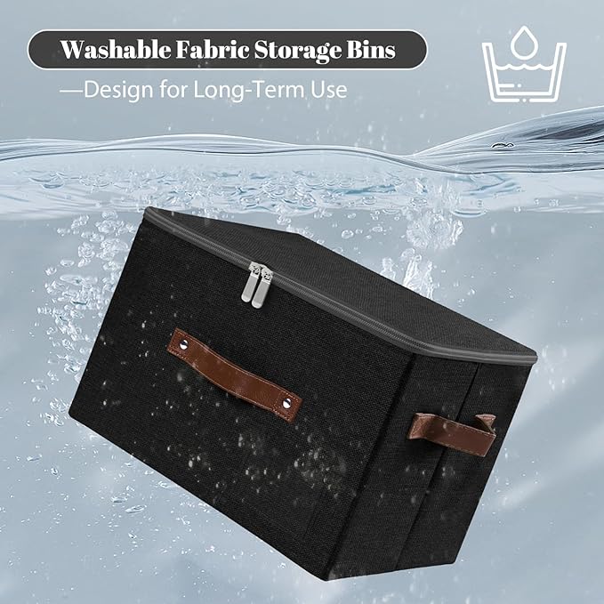 ANMINY Storage Bins with Zipper Lid Storage Boxes with Label Holder PU Leather Handles Washable Foldable Decorative Lidded Cotton Linen Fabric Cubes Baskets Closet Organizer - Black, Medium