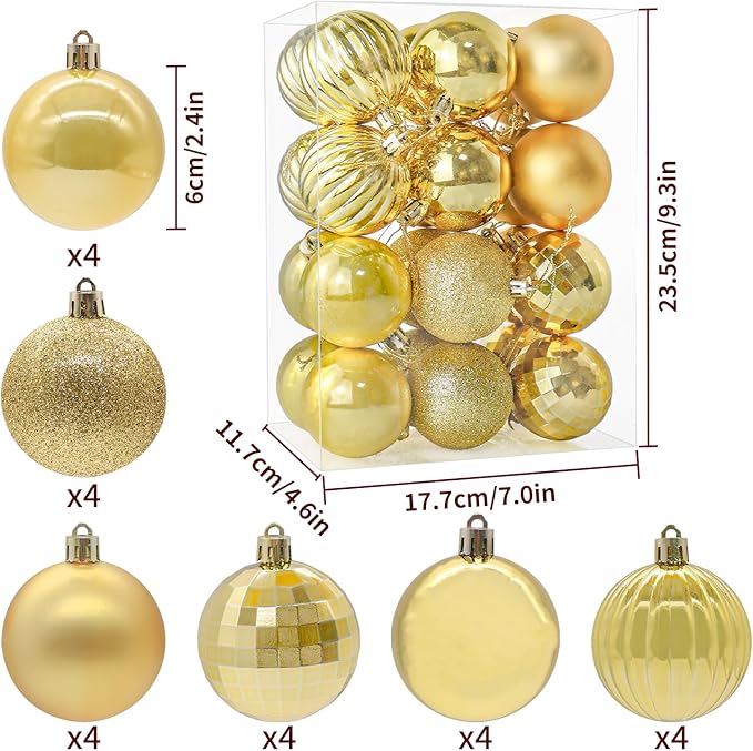 24ct Christmas Balls Ornaments, 2.36 Inch Christmas Tree Balls Ornaments, Decorative Baubles Decorations for Xmas Tree Decor Holiday Party, Gold
