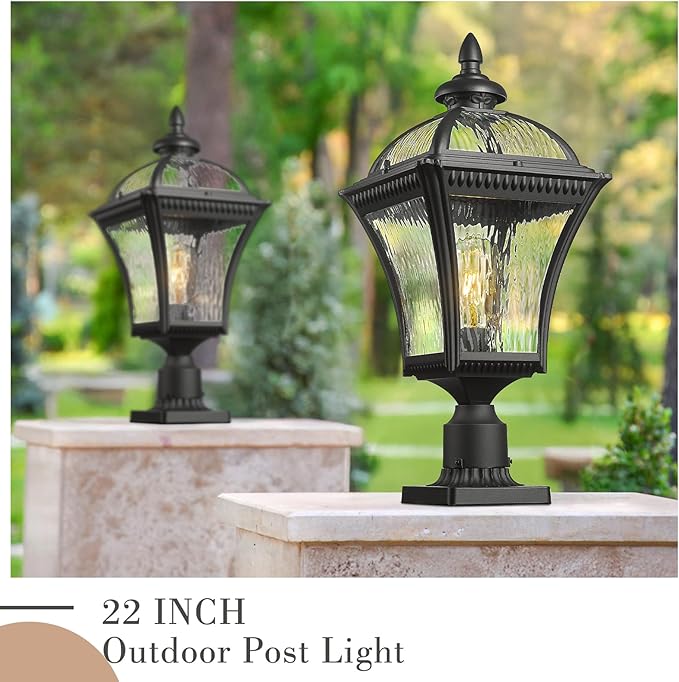 Emliviar 22" Outdoor Lighting for Post, Black Exterior Lamp Post Light Fixture for Yard, Aluminum Pillar Light with Water Ripple Glass, XE266P-SW BK