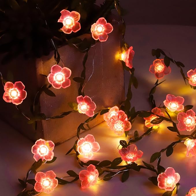 Cherry Blossom Decor Flower String Lights Vines with Fairy Lights Christmas, 30 LED Copper with Remote Control Battery Operated Pink Flower Garland Leaf for Locker, Wall,Christmas Decorations-2 Pack