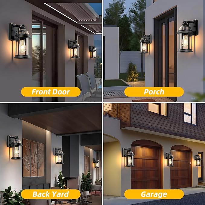 OKELI Dusk to Dawn Outdoor Wall Lights, Waterproof Lighting Fixtures Rustic Farmhouse Wall Lanterns with Clear Glass Shades Anti-Rust Outside Lights for House(Black with Gold-Trim, 2 Pack)