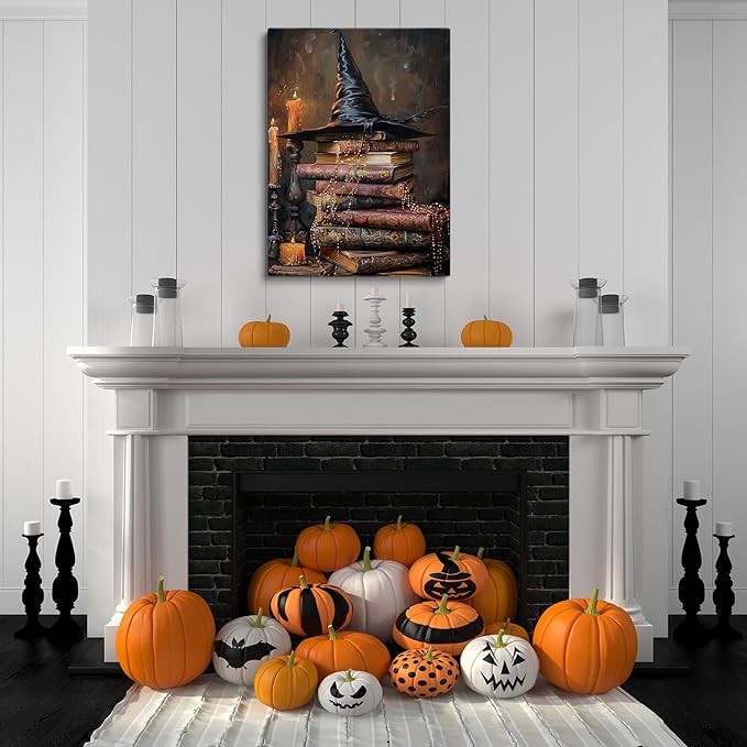 Vintage Halloween Witch Art Canvas Print - Cottage Witchy Hat and Magic Books Wall Art, Witch Painting for Reading Room, Bedroom, Dorm Decor - 08x10inch Unframed