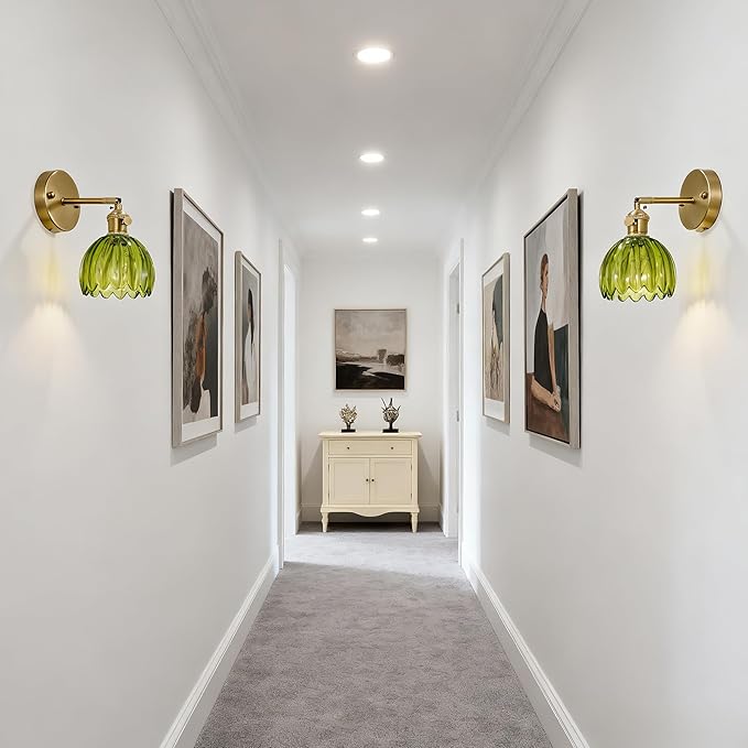 Fandian Vintage Wall Sconces Set of Two,Hardwired Wall Lights with Green Tulip Glass Lampshade,Gold Wall Lamps for Bedroom Bedside Stairway Bathroom Living Room