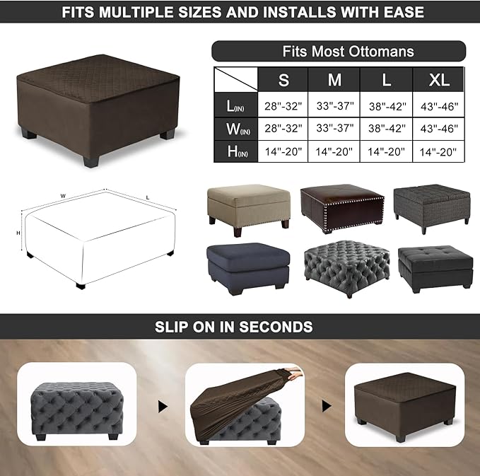 NeColorLife Waterproof Square Ottoman Cover, Thick Stretch Velvet Slipcover for Footstool, Non-Slip Soft Furniture Protector for Pets and Dogs,Coffee,Small