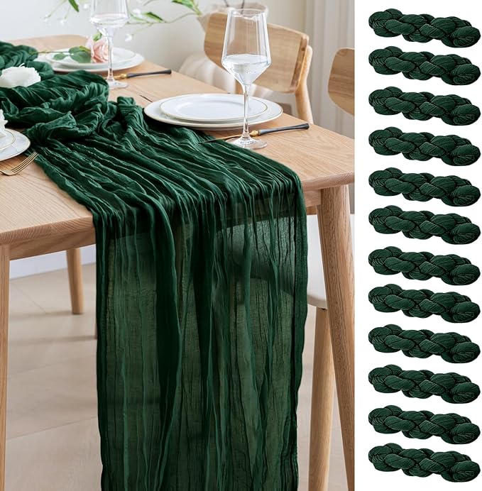 Asee'm 12PCS Table Runner Cheesecloth Christmas 10FT Emerald Green Boho Gauze Fabric Rustic Sheer Cheese Cloth Runners for Wedding Bridal Shower Party