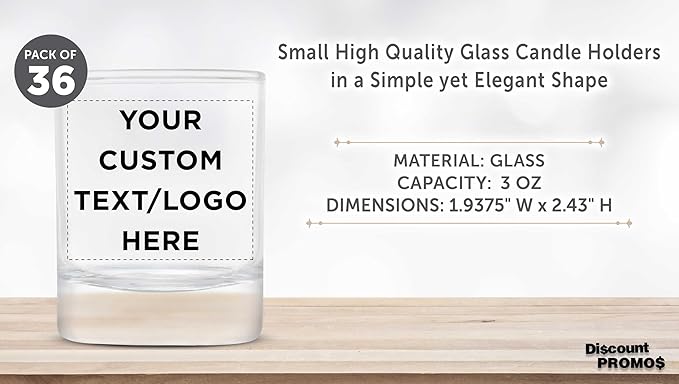 DISCOUNT PROMOS Custom Arc Votive Candle Holders 3 oz. Set of 36, Personalized Bulk Pack - Thick Base, Perfect for Wedding, Anniversary and Party Favors - Clear Bottom