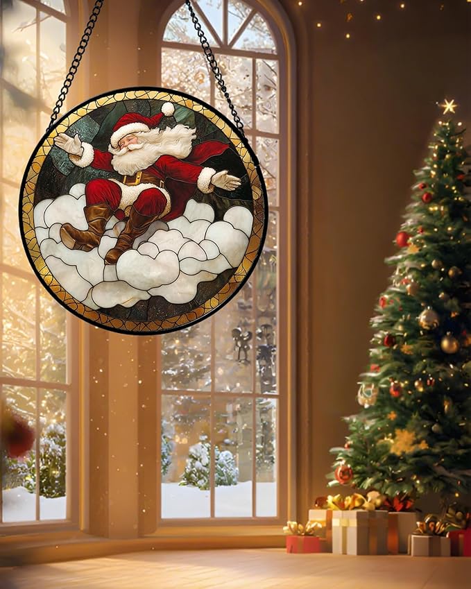 Stained Glass Window Hanging - Red White Santa Claus Clouds Suncatcher for Doors Home Christmas Decoration Sun Catcher Thanksgiving New Year Birthday Gifts for Friend Women Men Mom Nana 15 in