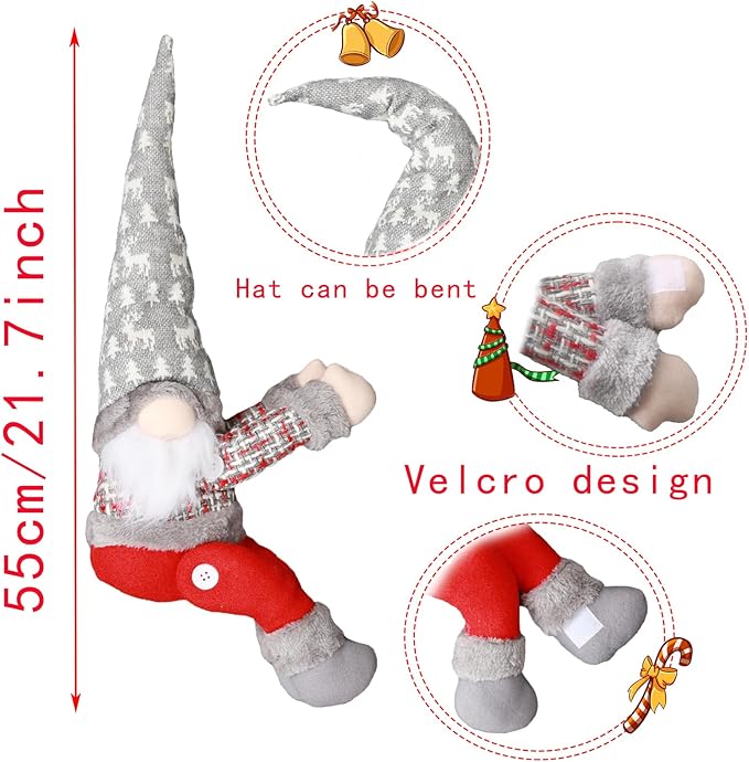 Christmas Tree Topper Gnome Decorations with Lights,21.7 Inches Handmade Embrace Christmas Tree Gnome with Lighted Star，Christmas Home Decor Curtain Tie Wine Bottle Decoration（Grey hat）