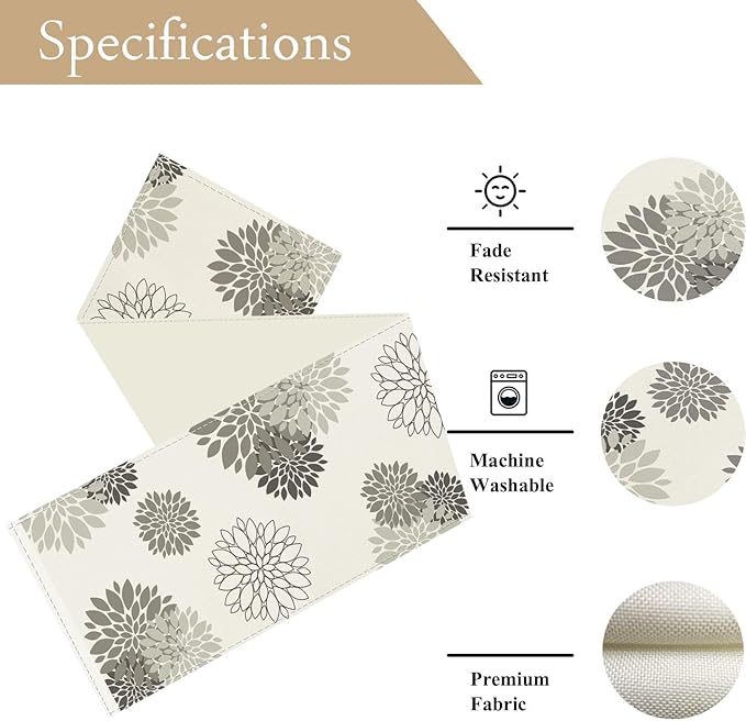 Gray Dahlia Table Runner Modern Elegant Flower Beige Table Runners Geometric Pompon Farmhouse Coffee Table Center Decor for Home Kitchen Dining Party Indoor Outdoor (13x90 Inch)