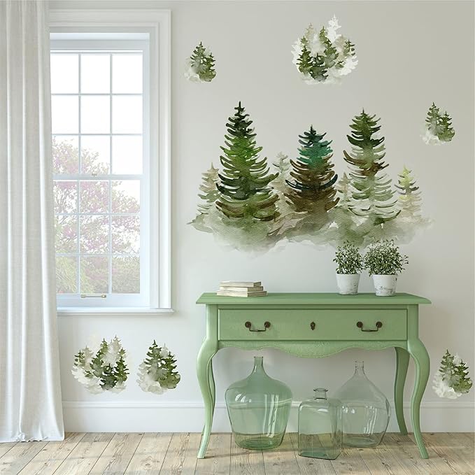 Watercolor Pine Tree Wall Decals Peel and Stick Large Tree Wall Sticker Trees Branches Wall Decal Forest Trees Wall Stickers for Living Room Bedroom Woodland Nursery Decor