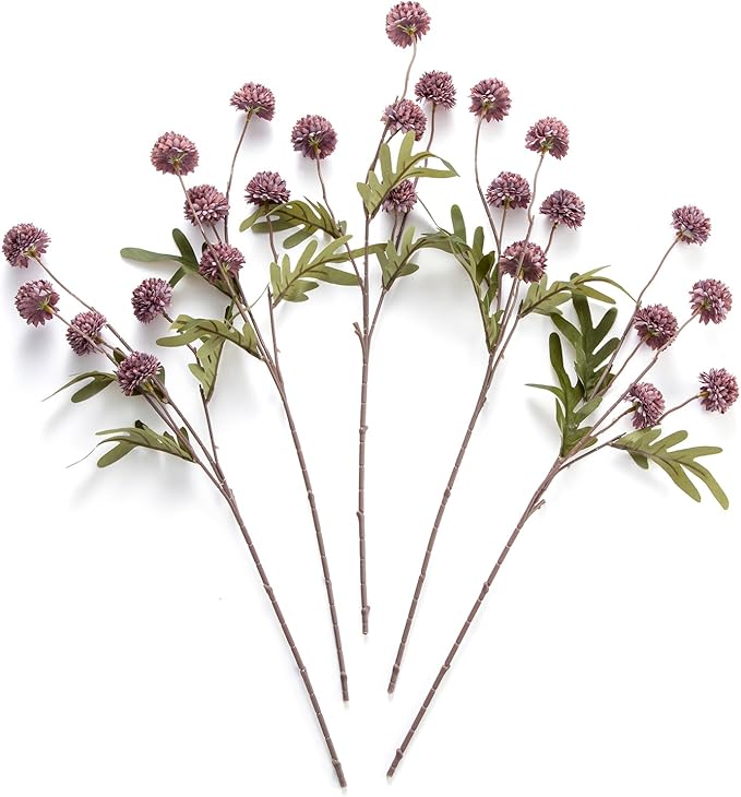 Laelfe Artificial Kiku Flower - 5 Pcs Fake Pompon Mums Silk Small Chrysanthemum Faux Ball Fall Flower Stem Decor for Autumn Wedding Filler DIY Bouquet Centerpieces Arrangements Shower (Grey Purple)