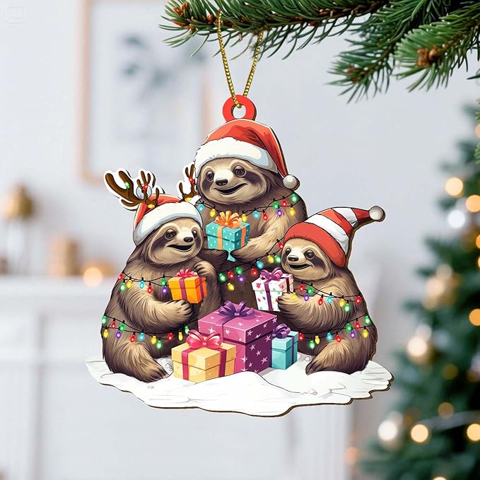 2-Sided Printed Sloth Family Wooden Christmas Ornament, Keepsake for Women, Men & Friends, Cute Sloth Christmas Tree Decoration