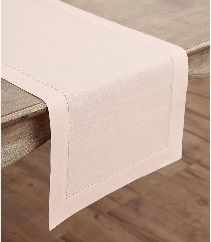 Solino Home Linen Pink Table Runner 90 Inches Long - 100% Pure Linen Hemstitch 14 x 90 Inch Table Runner for Dining, Valentines, Spring, Easter - Classic Hemstitch
