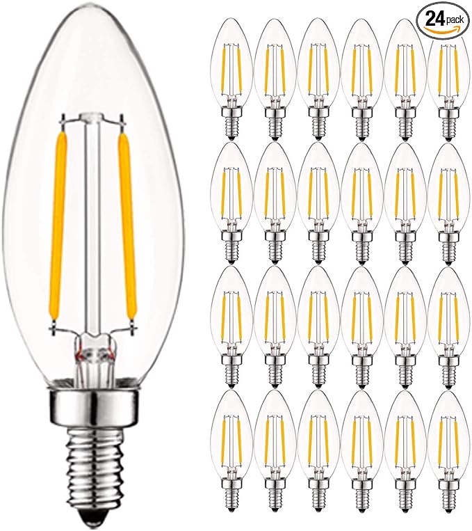 LUXRITE 4W Vintage Candelabra LED Bulbs Dimmable, 400 Lumens, 2700K Warm White, Chandelier Light Bulbs 40W Equivalent, Clear Glass, Filament Candle Bulb, UL Listed, E12 Base (24 Pack)