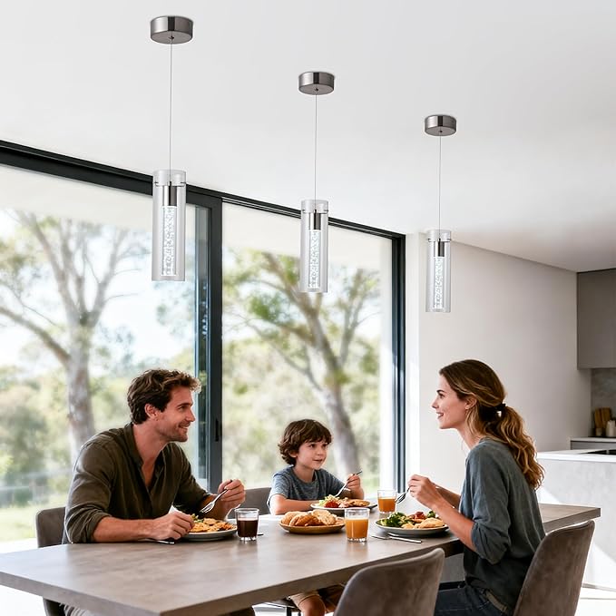 Pendant Ceiling Light Fixture, LED Kitchen Lighting Crystal Pendant Lights Kitchen Island, Kitchen Hanging Light Fixture Modern Island Light with Bubble Glass Three Pack